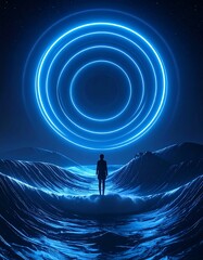 A solitary figure stands before a glowing portal in a surreal landscape