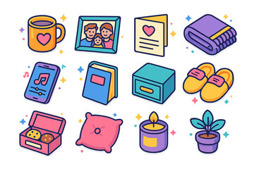 Personalized Care Icons. Colorful isometric vector icons set of personalized care moments: favorite mug, framed family photo,