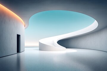 Modern, white, curved interior with skylight