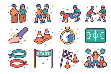 Outdoor Games Icons. Colorful isometric vector icons set of team-based outdoor games: sack race, three-legged race, wheelbarrow