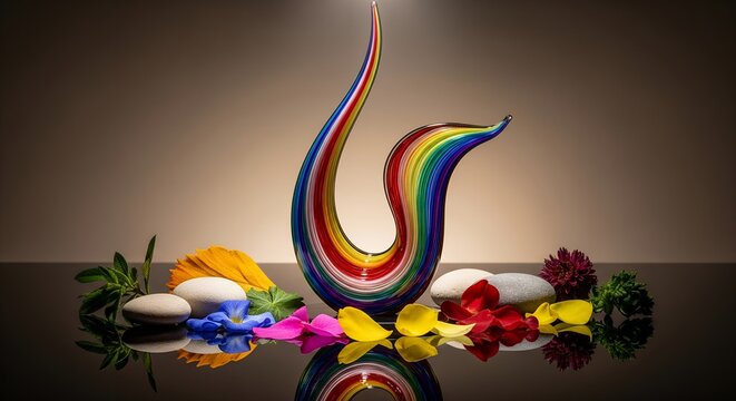 Rainbow glass sculpture with flowers and stones, vibrant colors, still life photography, decorative art, home decor, abstract art, colorful artwork, elegant design, luxury objects, reflection, ze