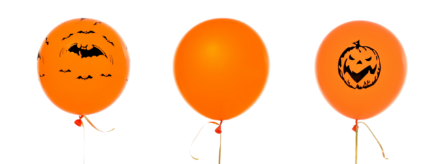 3 spooky orange Halloween balloons for a party, isolated, PNG