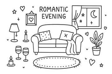 Romantic Evening Doodle. Romantic Evening. Hand-drawn doodle illustration romantic evening sofa, wine glasses, candle, lamp,