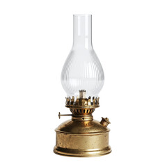 antique oil lantern with glass chimney, vintage brass or metal lantern with realistic flame effect, rustic 19th century lighting isolated on transparent background PNG