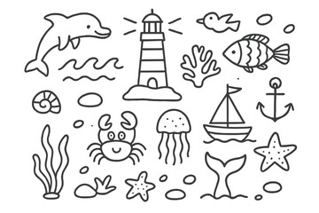 Fototapeta premium Marine Life Doodle. Hand-drawn doodle illustration lighthouse and marine life lighthouse, dolphin, fish, seagull, coral, crab,