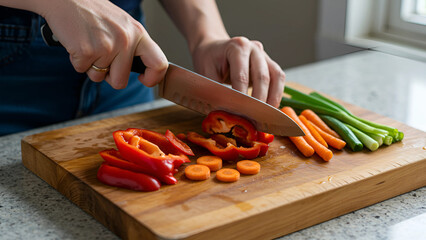 Woman's hands skillfully slicing red bell peppers and preparing carrots, green onions on wooden cutting board.
