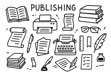 Publishing Tools Doodle. Publishing. Hand-drawn doodle illustration open book, stack of books, printer, typewriter, scroll, ink