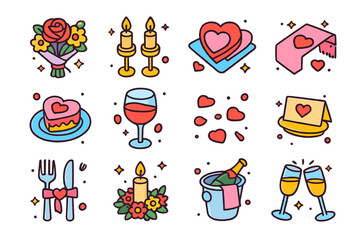 Fototapeta premium Romantic Anniversary Icons. Colorful isometric vector icons set of romantic anniversary table setup: flower bouquet, candle