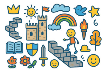 Whimsical Castle Adventure. Colorful Hand-drawn doodle Children illustration Castle Stairs [stone stairs, person, torch, flag,