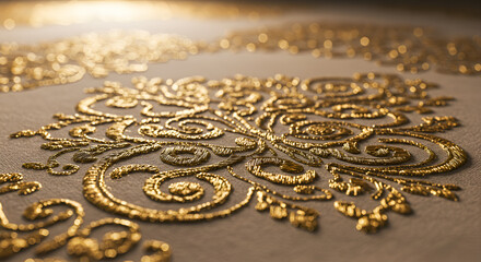 Golden swirls of antique embroidery catching the light a testament to time and artistry in a textured fabric with warm