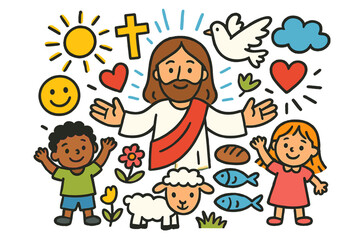 Symbols of Compassion. Jesus' compassion. Colorful Hand-drawn doodle Children illustration Jesus figure, heart, open hands, cross,