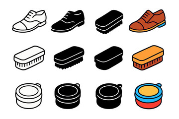 Polishing Essentials Icons. Icon Set of Polishing Shoes Essentials: Leather shoe, Shoe brush, Shoe polish tin. Icons set in vector
