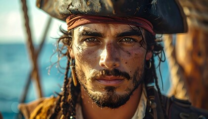 Close-up pirate portrait, intense gaze