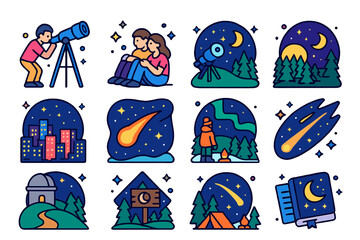 Isometric Night Sky Icons. Colorful isometric vector icons set of night sky observation scenes: person with telescope, stargazing