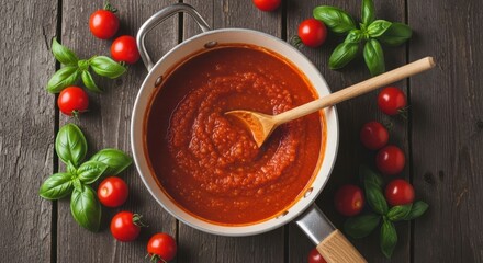 A rustic wooden table with a pot of simmering tomato sauce, fresh cherry tomatoes, and basil leaves, creating a delicious italian cooking scene