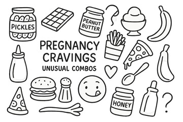 Pregnancy Cravings Doodle. Hand-drawn doodle illustration Pregnancy cravings unusual combos [pickle jar, chocolate bar, peanut
