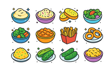 Colorful Side Dishes. Colorful isometric vector icons set of side dishes: mashed potatoes, coleslaw, garlic bread, side salad,