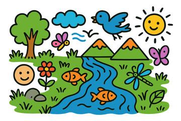 Bright Doodle River Valley. Colorful Hand-drawn doodle Children illustration River valley river, fish, mountain, flower, tree,