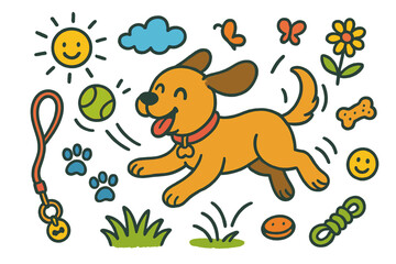 Joyful Puppy Playtime. Colorful Hand-drawn doodle Children illustration Happy Puppy Catching Ball joyful puppy, tennis ball,