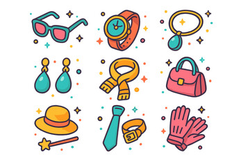 Naklejka premium Colorful Accessory Icons. Accessories. Colorful isometric vector icons set of accessories: sunglasses, wristwatch, necklace,