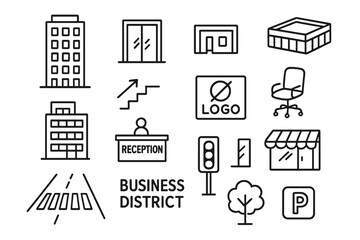 Fototapeta premium Business District Doodle. Hand-drawn doodle illustration Business district buildings office tower, sliding doors, reception desk,