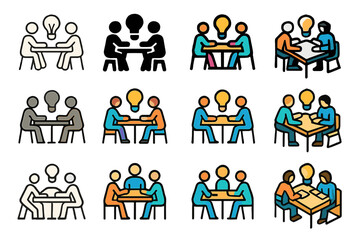 Naklejka premium Project Logo Variations. Set Logo of Working on a Project: group brainstorming at table. Logo set in vector style, emblematic
