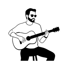 Black and white line art of a cool man playing guitar in casual outfit minimalist stylish illustration