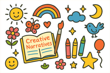 Naklejka premium Whimsical Doodle World. Colorful Hand-drawn doodle Children illustration Creative Narratives open journal, paintbrush, crayons,