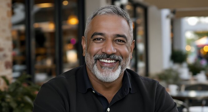 Smiling mature man portrait, happy expression, positive emotion, headshot, casual clothing, outdoor setting, adult, middle-aged, gray hair, beard, diverse ethnicity, business casual, friendly fac