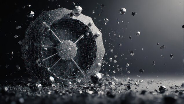 Dynamic 3D rendering of futuristic technology core with shattered elements, perfect for cutting-edge innovation and digital transformation concepts