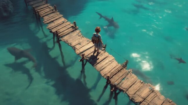 a small child is studying at the end of a bridge with the clear water below filled with sharks.