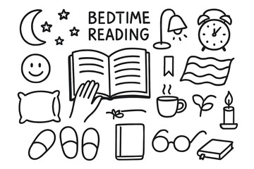 Bedtime Reading Doodle. Hand-drawn doodle illustration Bedtime reading [hand, book, moon icon, stars, bedside lamp, clock, blanket