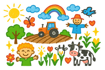 Naklejka premium Cheerful Farm Doodle. Colorful Hand-drawn doodle Children illustration Protecting Fields plowed field, tractor, sun, clouds,