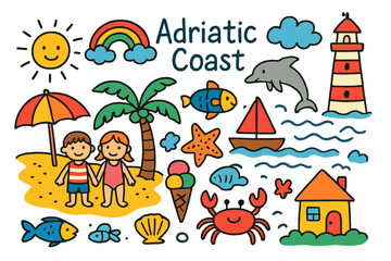 Naklejka premium Adriatic Bliss Doodles. Colorful Hand-drawn doodle Children illustration Adriatic Coast [beach, palm tree, sailboat, fish, shell,