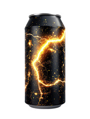 Black energy drink can with glowing yellow lightning and sparkles isolated on transparent background
