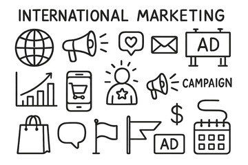 Global Marketing Symbols. Hand-drawn doodle illustration International marketing [globe, megaphone, social media icon, email,