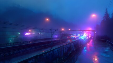 Experience cyber-punk: A neon-lit cyber-punk bridge overlook, offering a general stunning urban vista.