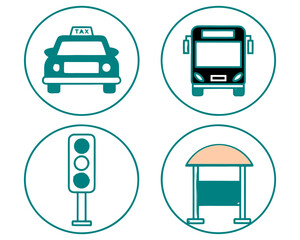 Public Transport and Traffic Icon Set with Taxi, Bus, Traffic Light and Bus Stop