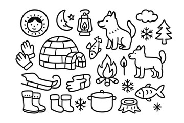 Fototapeta premium Arctic Village Doodle. Hand-drawn doodle illustration Arctic village life [igloo, sled, sled dog, fire, fish, lantern, fur hood,