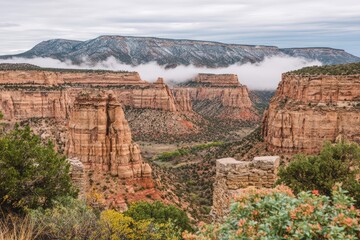 Canyon vista with fog-shrouded mountain range