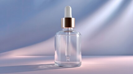 Naklejka premium Elegant Glass Dropper Bottle with Rose Gold Cap on Soft Gradient Background for Cosmetic and Skincare Products