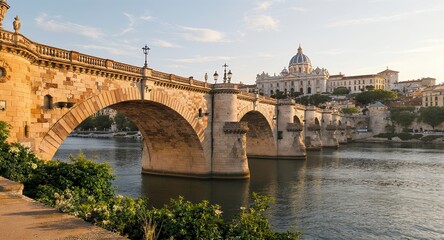 Fototapeta premium Stone bridge spanning river with historic building in background, golden hour lighting