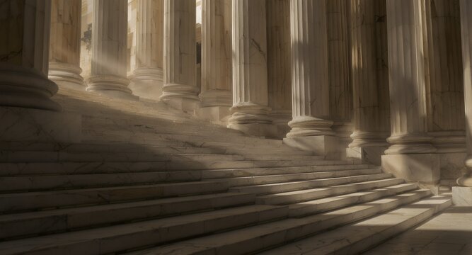 Stone staircase and columns, classical architecture, sunlight, marble texture, grand entrance, ancient design, historical building, elegant stairway, architectural detail, light and shadow, inter