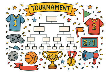 Colorful Tournament Essentials. Tournament. Colorful Hand-drawn doodle Children illustration Tournament bracket, whistle,