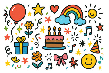 Colorful Celebration Doodles. Colorful Hand-drawn doodle Children illustration Balloon Celebration [balloon, confetti, star,