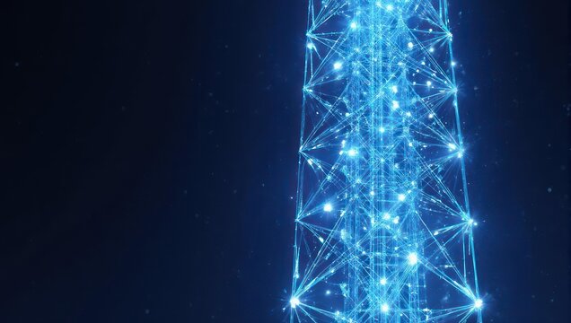 Vibrant digital network structure with glowing blue connections and nodes against a dark, starry background, representing global connectivity and data flow - Powered by Adobe