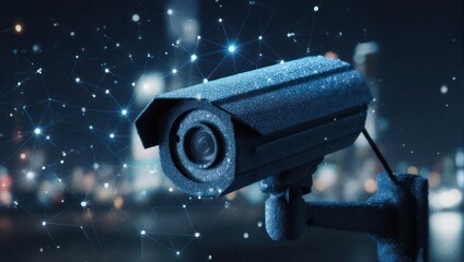 Advanced security camera monitors city at night with digital network overlay, ensuring modern surveillance and data protection.