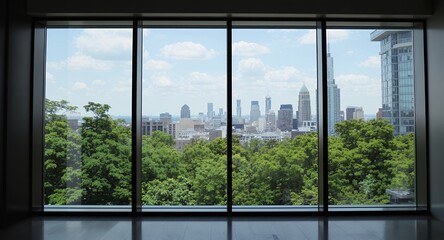 Naklejka premium Stunning Cityscape View Through Large Modern Window, Lush Greenery and Skyline Panorama