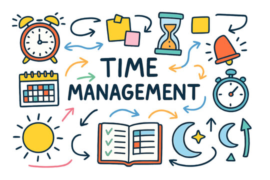Time Management Doodles. Time Management. Colorful Hand-drawn doodle Children illustration Time Management clock, calendar,