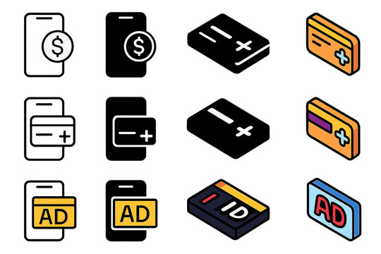 App Monetization Icons. Icon Set of App Monetization: In-app purchase, Subscription card, Ad banner. Icons set in vector style, emblematic variations. In-app